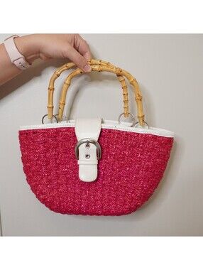 Pink Woven Handbag with Bamboo Handles and White Trim